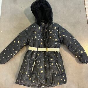 Betsey Johnson Black Gold Star Puffer Parka Jacket Girls 7 outerwear winter